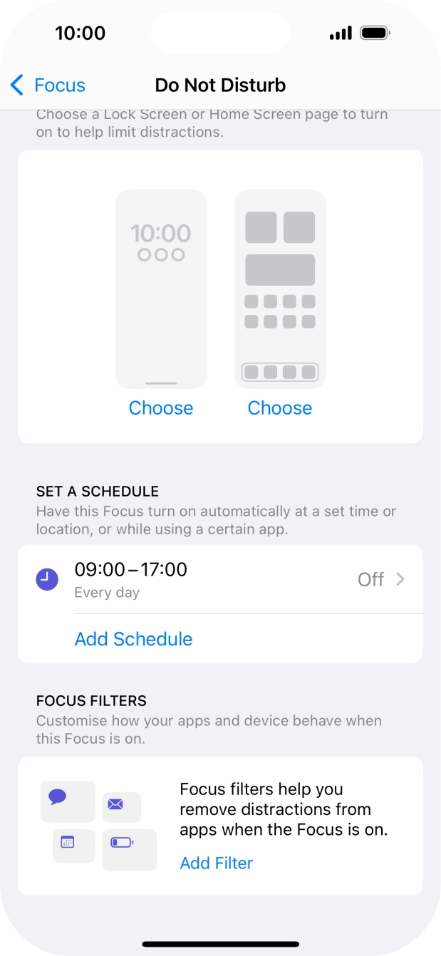 Press Add Schedule and follow the instructions on the screen to select settings for automatic activation of Do Not Disturb. Press Add Schedule and follow the instructions on the screen to select settings for automatic activation of Do Not Disturb.