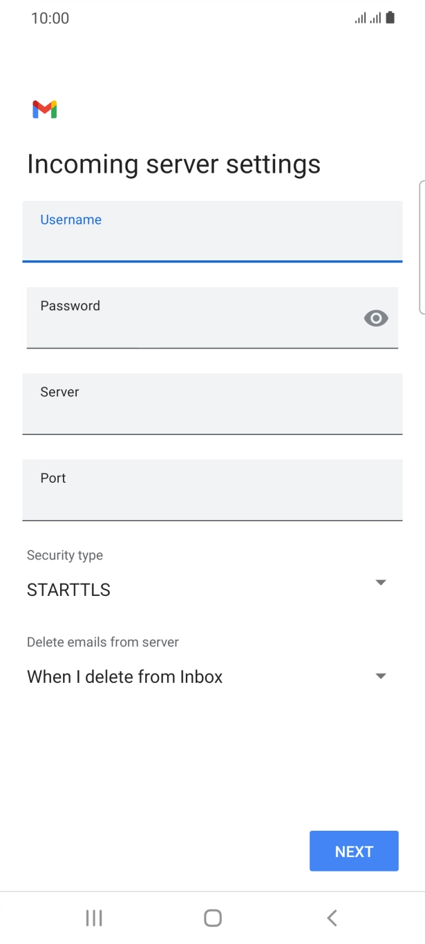 Press the field below 'Server' and key in the name of your email provider's incoming server. Press the field below 'Server' and key in the name of your email provider's incoming server.