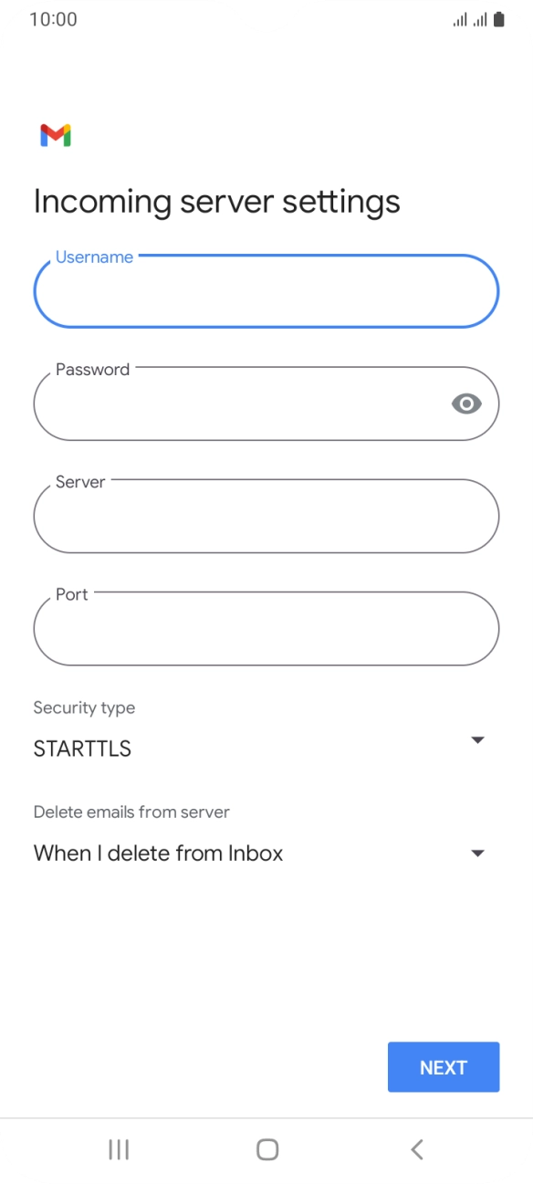 Press the field below 'Server' and key in the name of your email provider's incoming server. Press the field below 'Server' and key in the name of your email provider's incoming server.