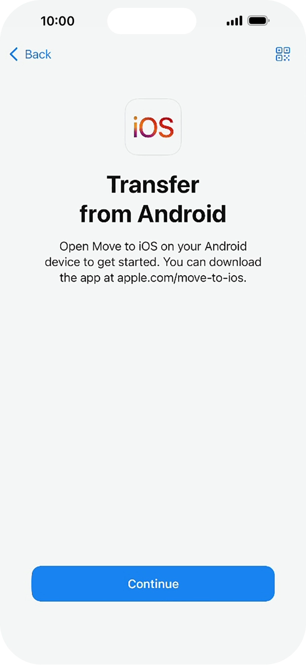 To transfer content to your phone, you need to install the app 'Move to iOS' on the Android phone. When the app is installed, press Continue.