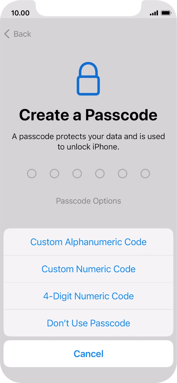 Follow the instructions on the screen to turn on the phone lock code or press Don't Use Passcode.