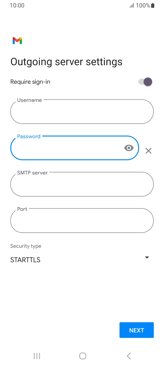 Press the field below 'SMTP server' and key in the name of your email provider's outgoing server. Press the field below 'SMTP server' and key in the name of your email provider's outgoing server.