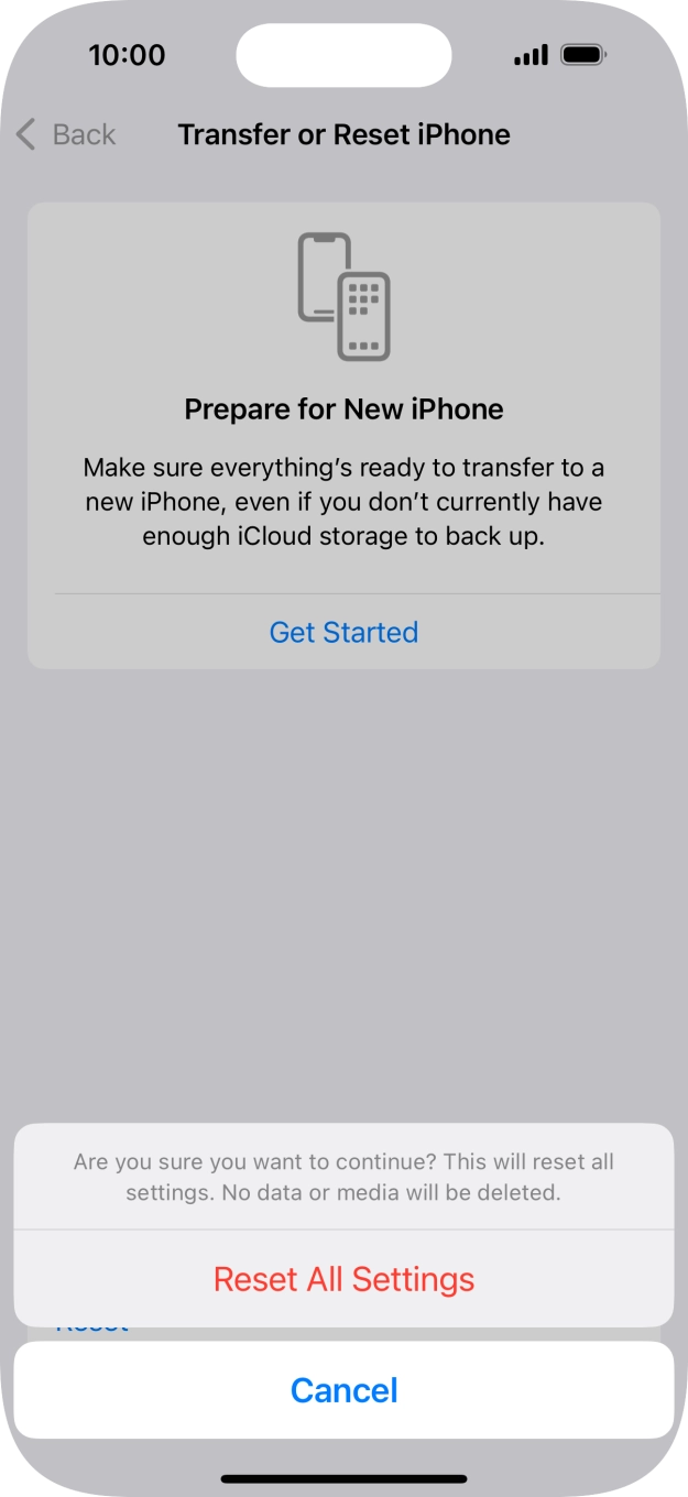 Press Reset All Settings. Wait a moment while the factory settings are restored. Follow the instructions on the screen to set up your phone and prepare it for use.
