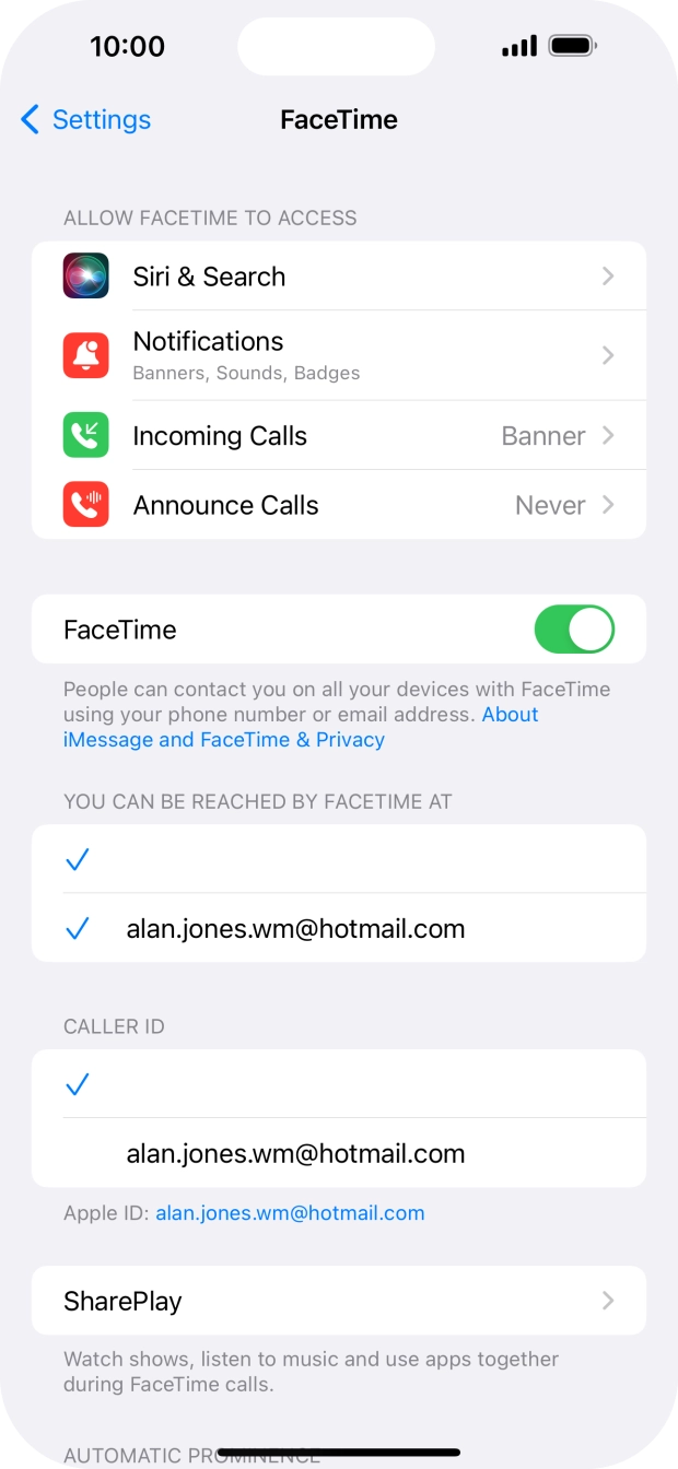 Press the indicator next to 'FaceTime' to turn the function on or off.