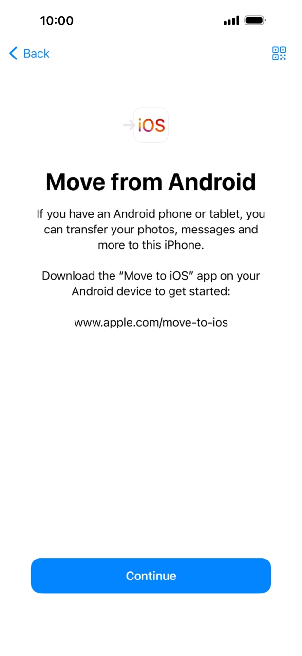 To transfer content to your phone, you need to install the app 'Move to iOS' on the Android phone. When the app is installed, press Continue.