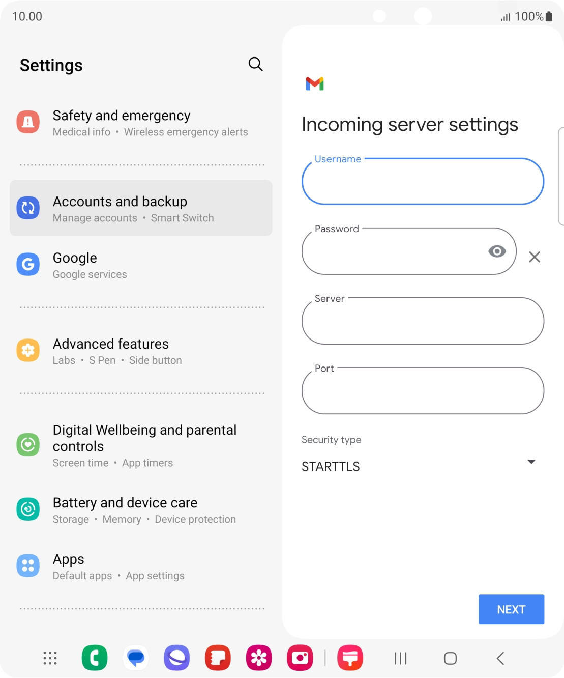 Press the field below 'Server' and key in the name of your email provider's incoming server. Press the field below 'Server' and key in the name of your email provider's incoming server.