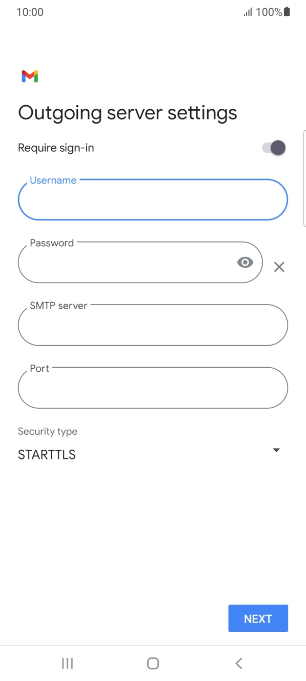 Press the field below 'Password' and key in the password of your email provider's outgoing server. Press the field below 'Password' and key in the password of your email provider's outgoing server.