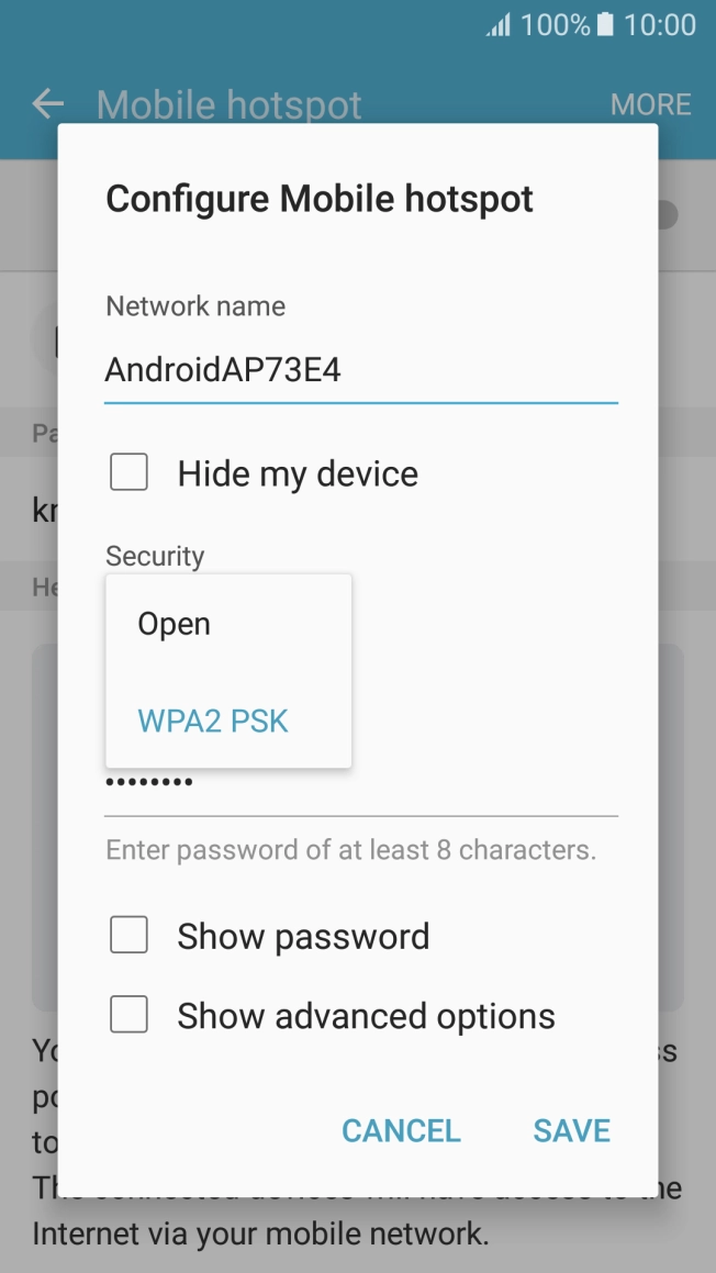 Press WPA2 PSK to password protect your WiFi hotspot.