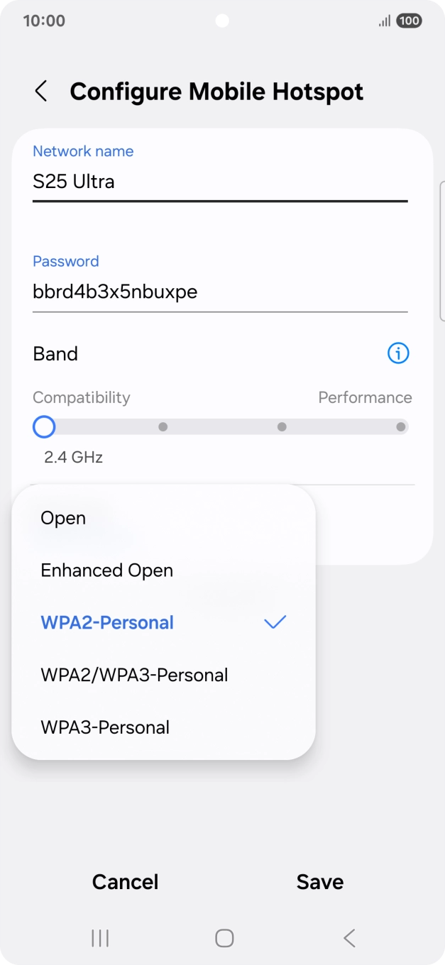 Press WPA3-Personal to password protect your WiFi hotspot. Press WPA3-Personal to password protect your WiFi hotspot.