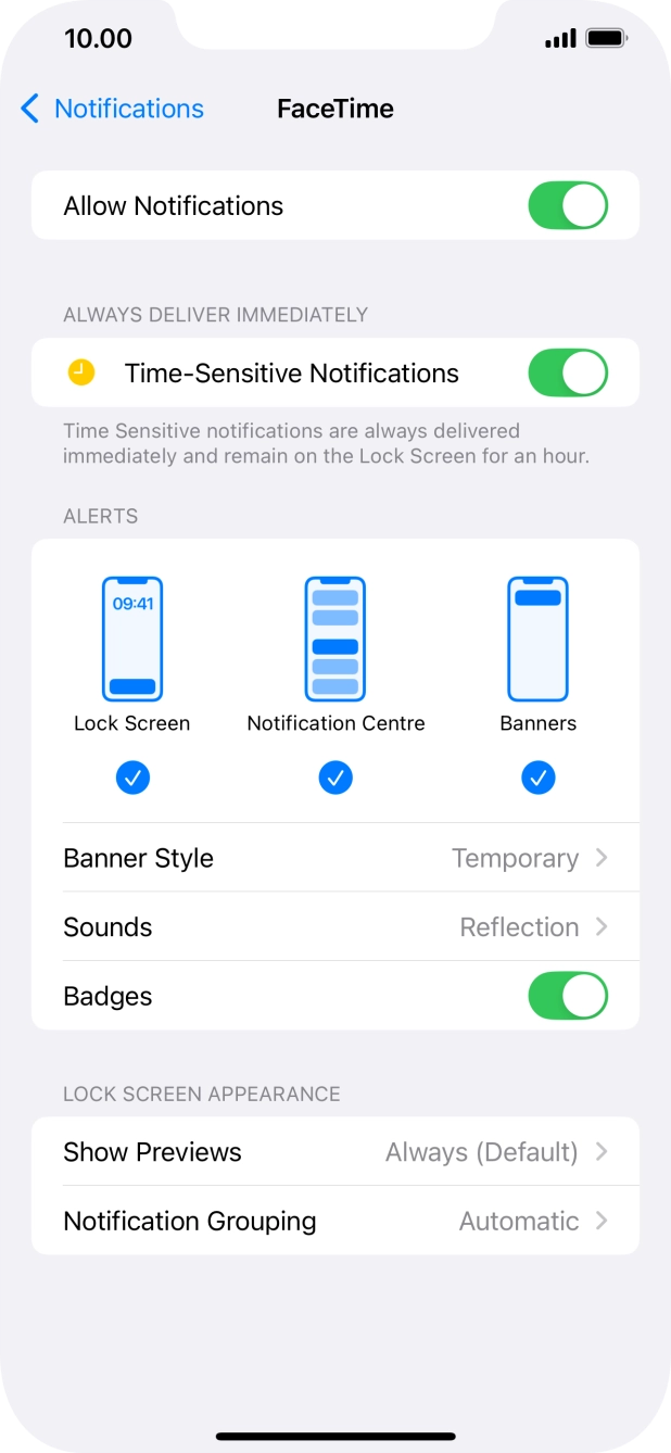 Press the indicator next to 'Allow Notifications' to turn notifications for the selected application on or off. Press the indicator next to 'Allow Notifications' to turn notifications for the selected application on or off.