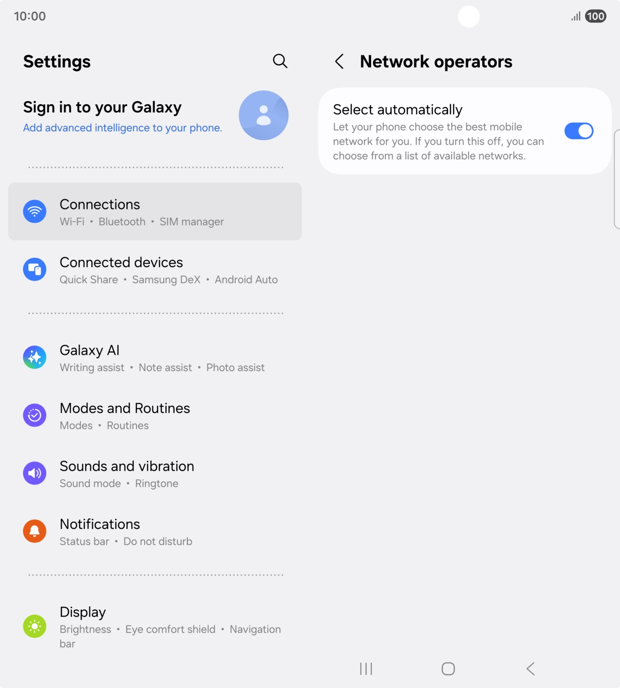 Press the indicator next to 'Select automatically' to turn off the function and wait while your phone searches for networks. Press the indicator next to 'Select automatically' to turn off the function and wait while your phone searches for networks.