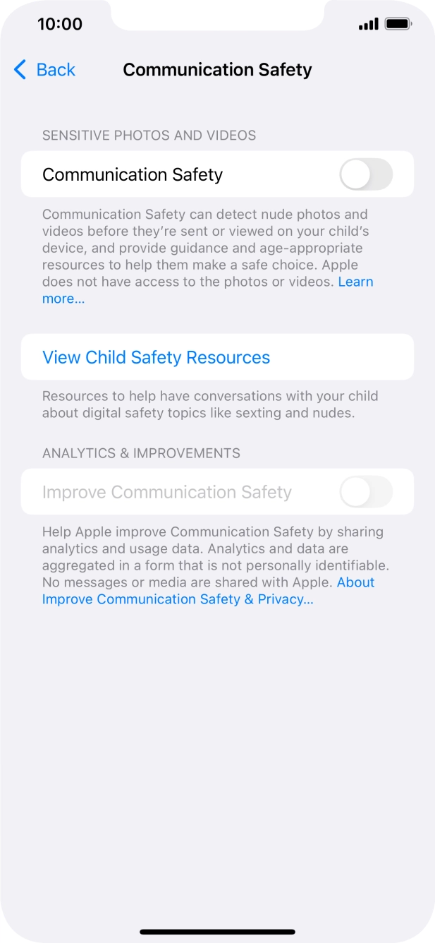Press the indicator next to 'Communication Safety' to turn the function on or off.