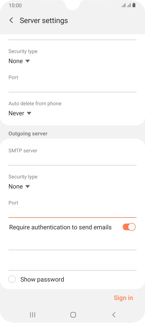 Press the indicator next to 'Require authentication to send emails' to turn on the function. Press the indicator next to 'Require authentication to send emails' to turn on the function.