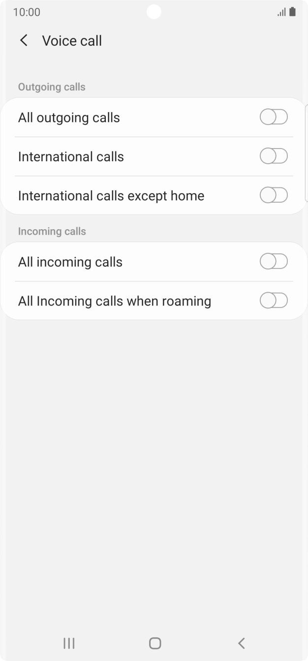 Press the indicator next to the required barring type to turn the function on or off. Press the indicator next to the required barring type to turn the function on or off.