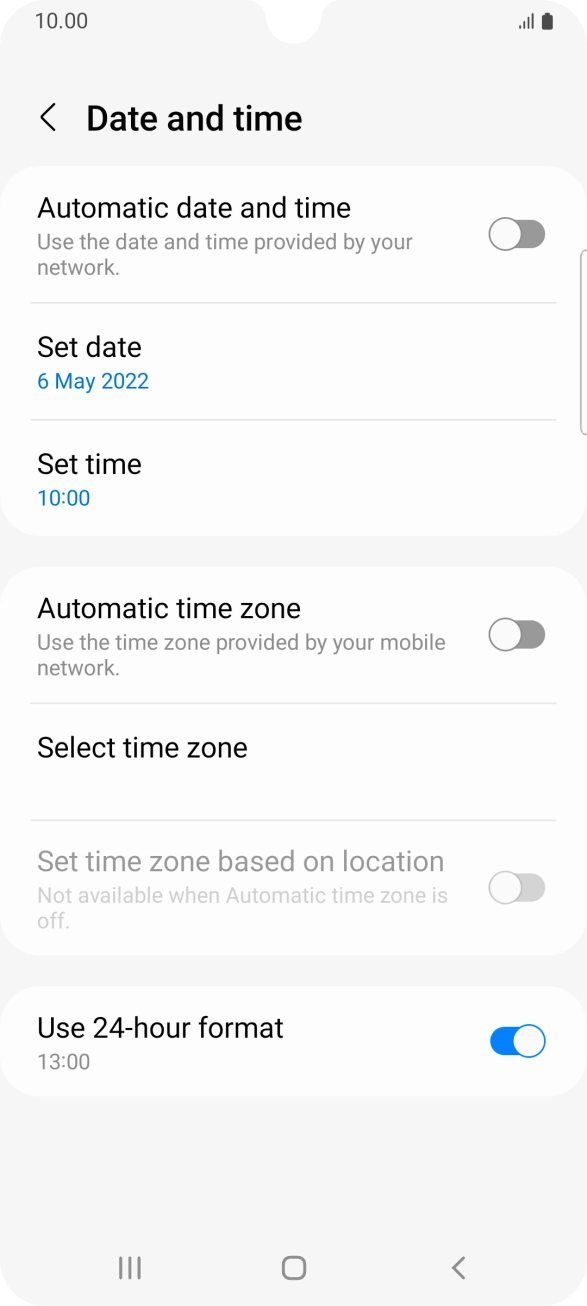 Press the indicator next to 'Automatic date and time' to turn on the function.