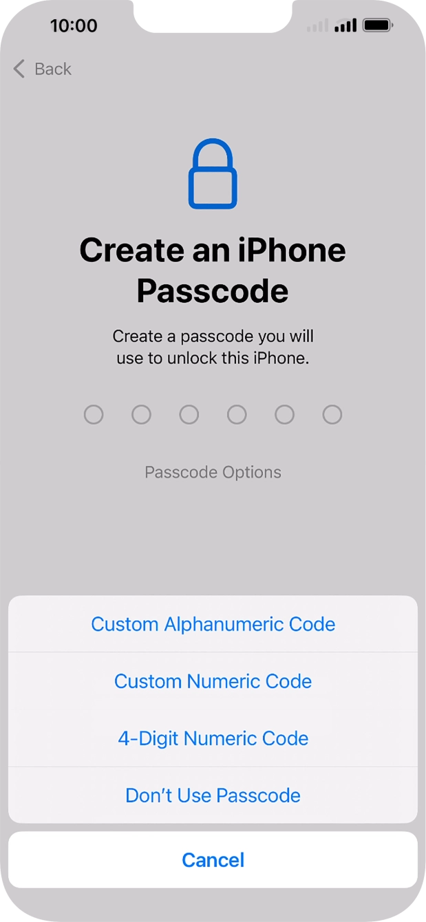 Follow the instructions on the screen to turn on the phone lock code or press Don't Use Passcode.