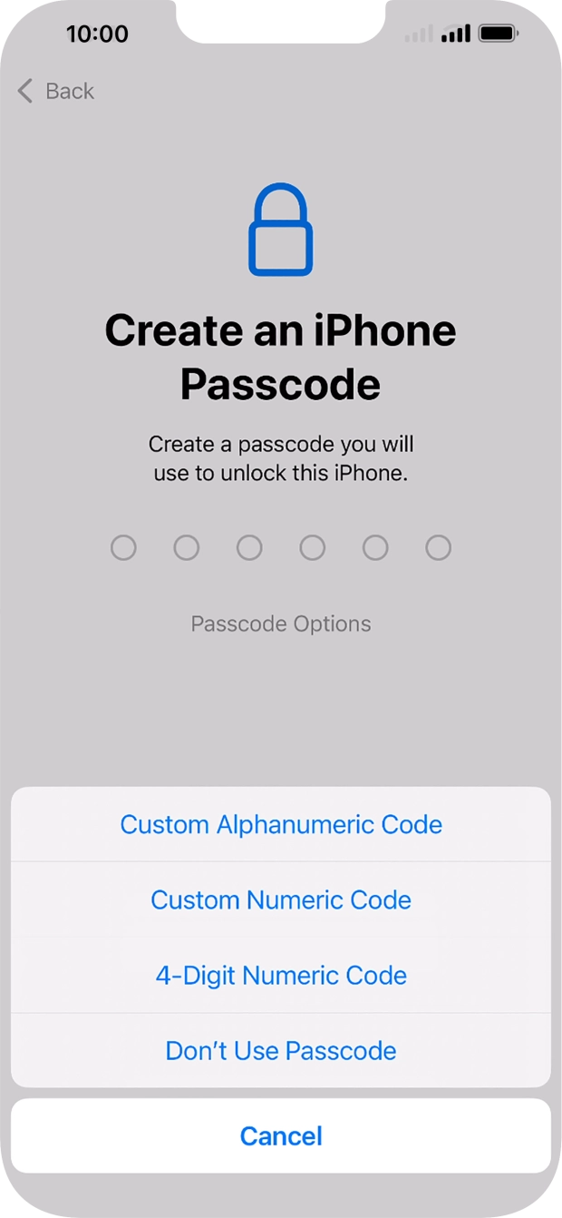 Follow the instructions on the screen to turn on the lock code or press Don't Use Passcode.