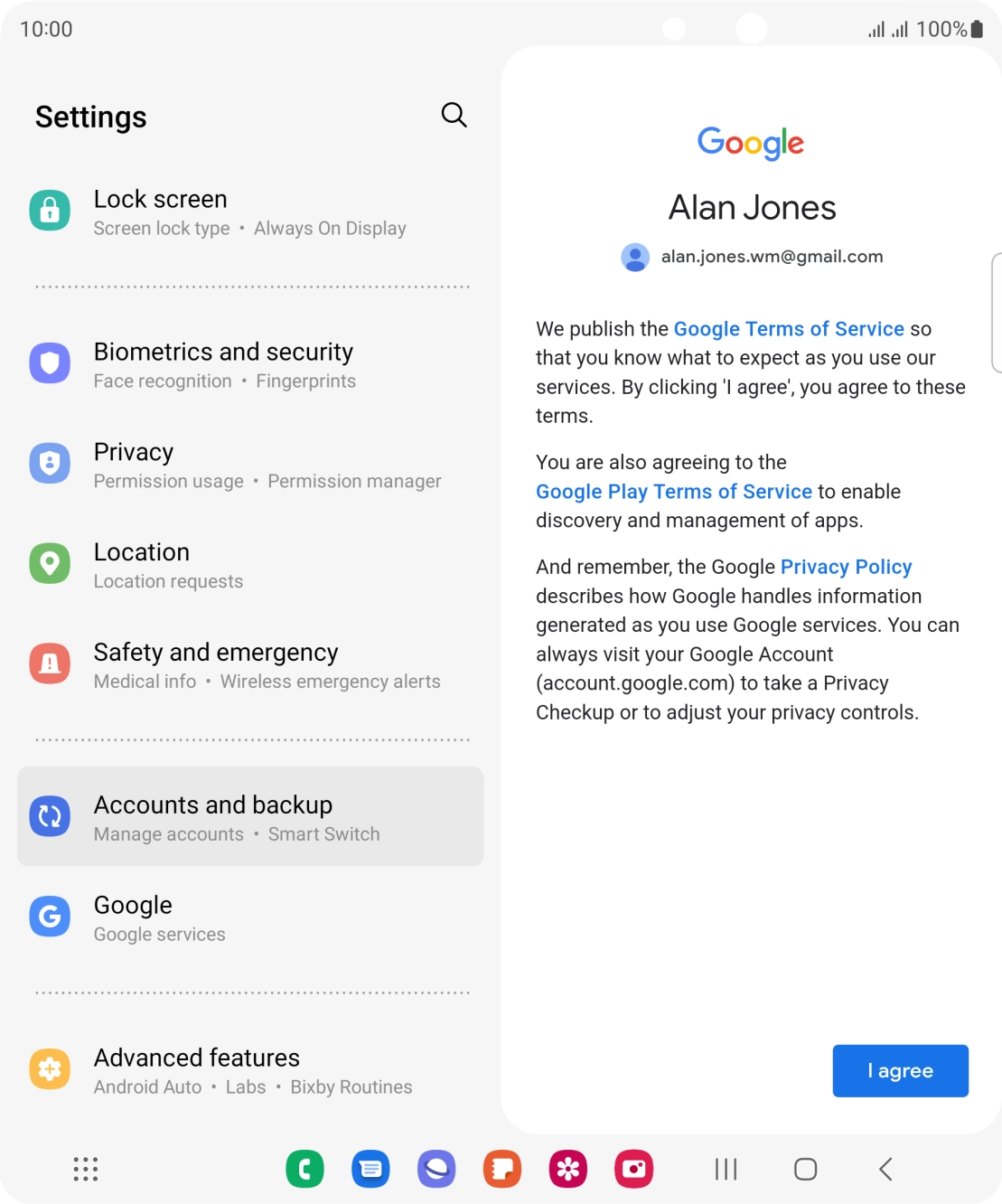 Press I agree and follow the instructions on the screen to select settings for your Google account.