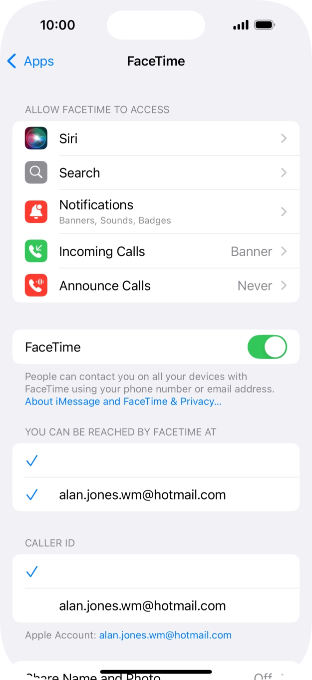 Press the indicator next to 'FaceTime' to turn the function on or off.