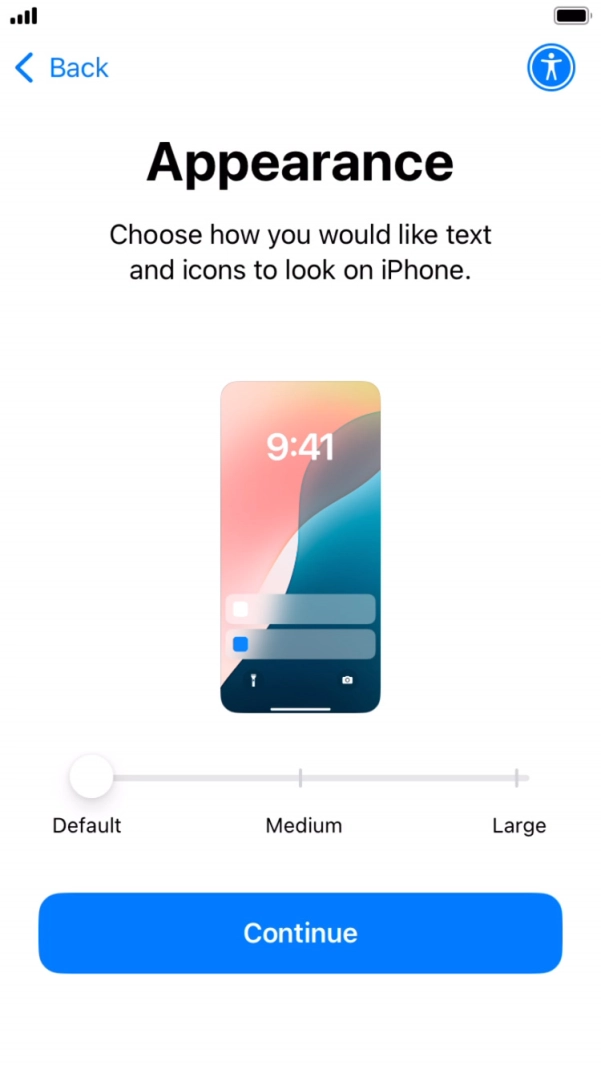 Select the required text and icon size on your phone and press Continue.