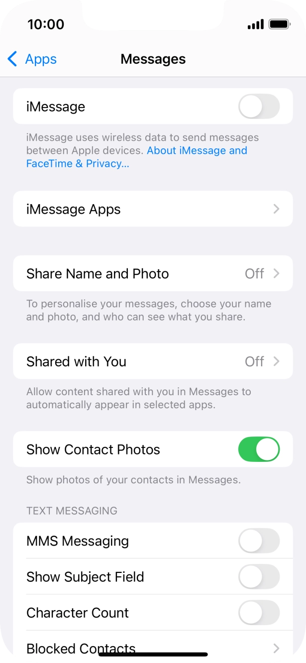 Press the indicator next to 'iMessage' to turn on the function.