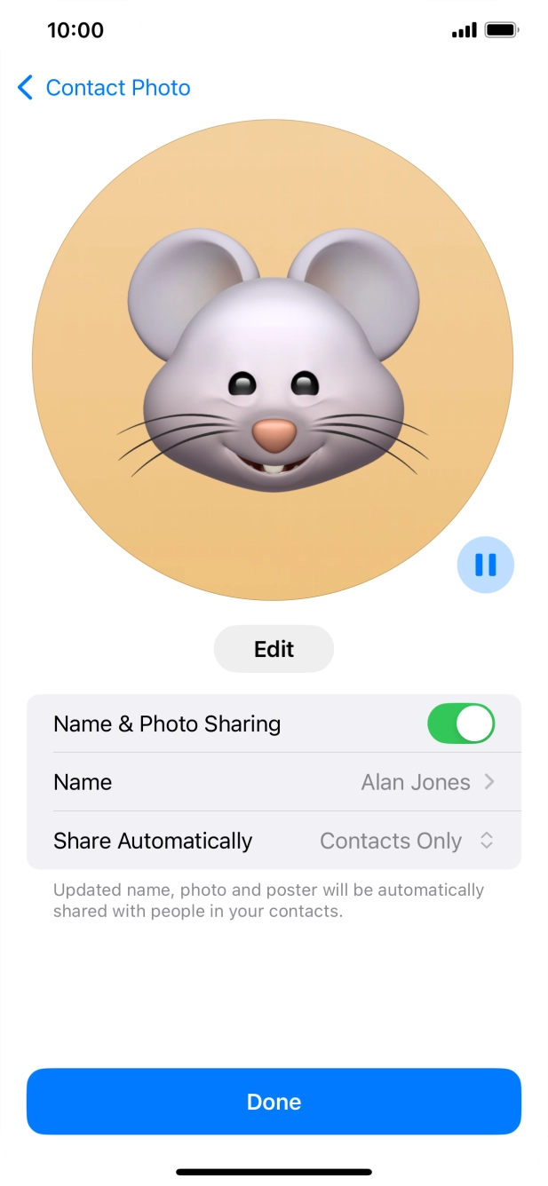Press the indicator next to 'Name & Photo Sharing' to turn the function on or off. Press the indicator next to 'Name & Photo Sharing' to turn the function on or off.