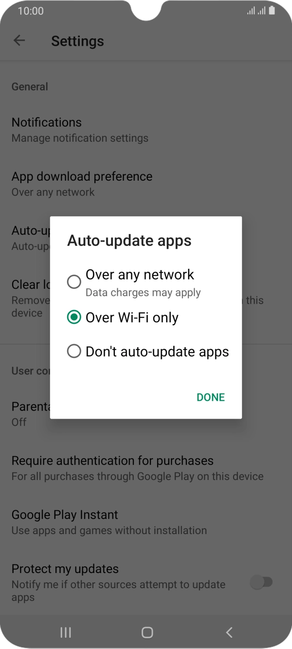 To turn on automatic update of apps using mobile network, press Over any network. To turn on automatic update of apps using mobile network, press Over any network.