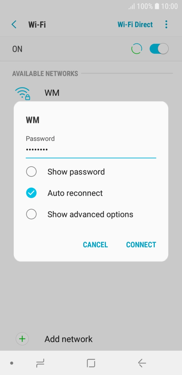 Key in the password for the WiFi network and press CONNECT.