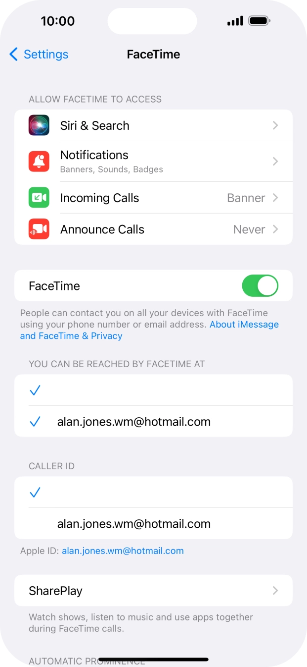 Press the indicator next to 'FaceTime' to turn the function on or off.