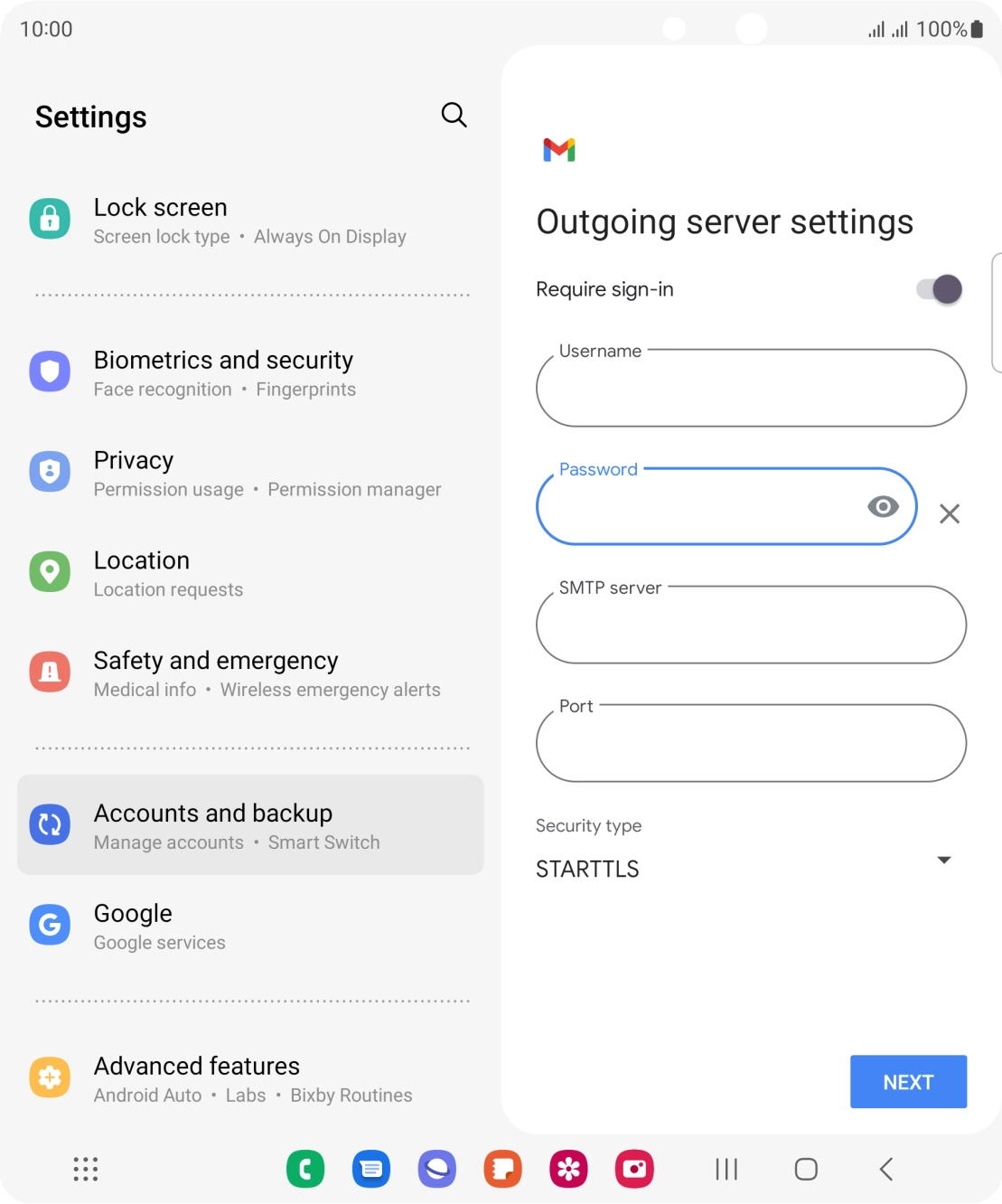 Press the field below 'SMTP server' and key in the name of your email provider's outgoing server. Press the field below 'SMTP server' and key in the name of your email provider's outgoing server.