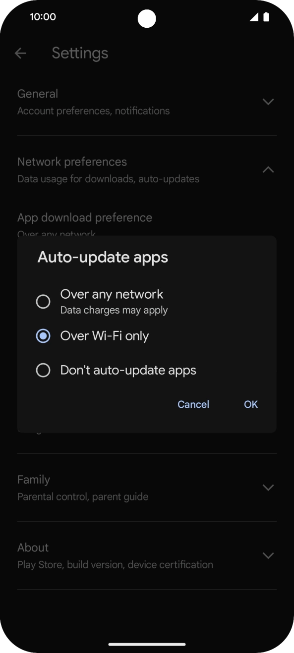 To turn on automatic update of apps using mobile network, press Over any network.