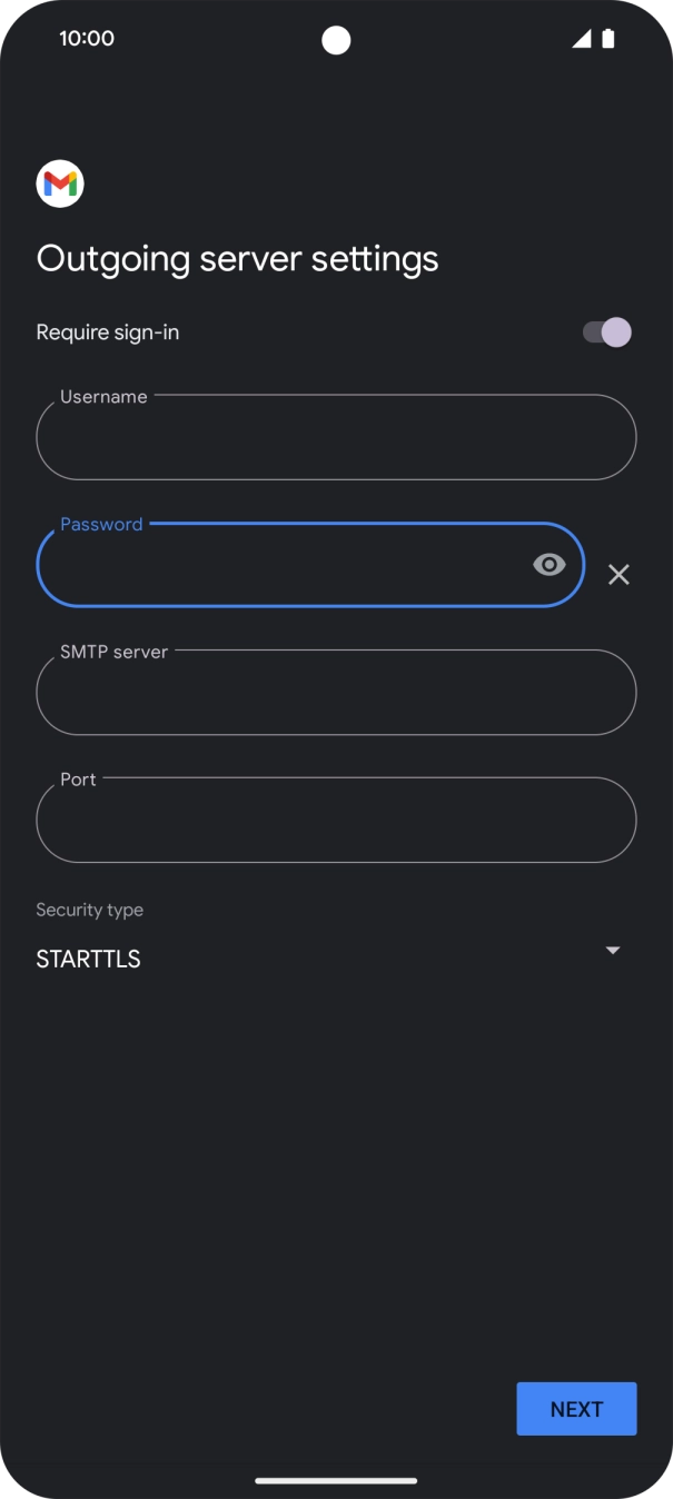 Press the field below 'SMTP server' and key in the name of your email provider's outgoing server. Press the field below 'SMTP server' and key in the name of your email provider's outgoing server.