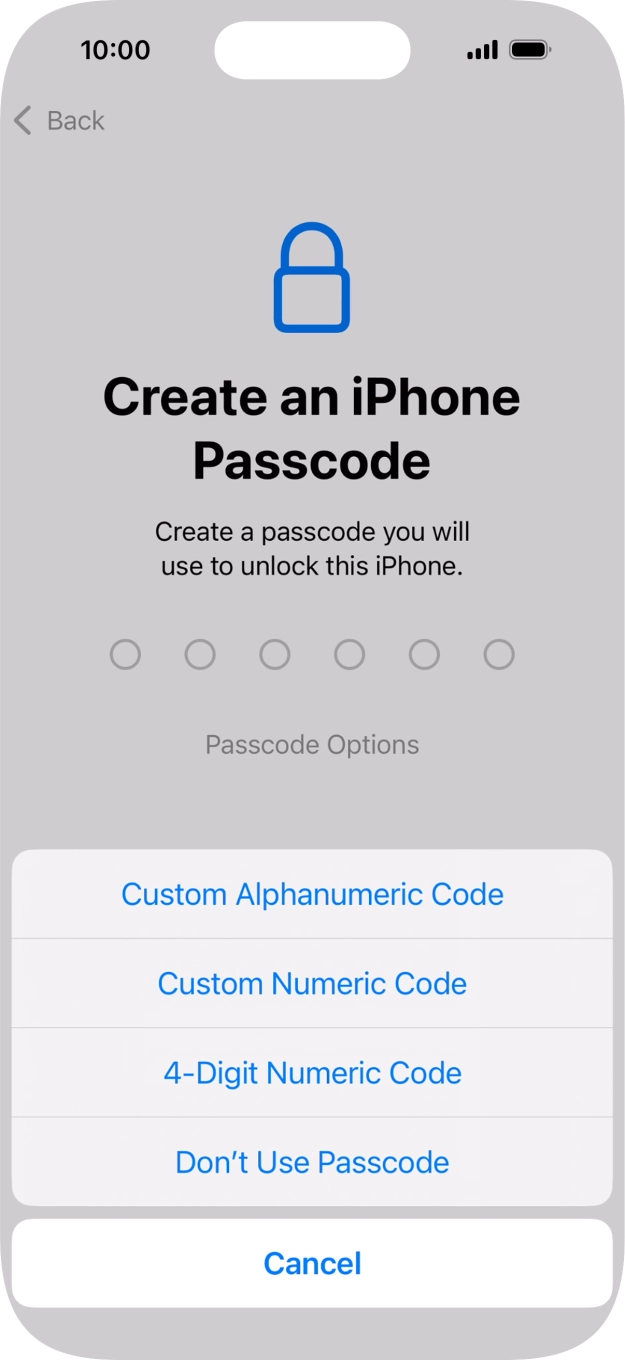 Follow the instructions on the screen to turn on the lock code or press Don't Use Passcode.