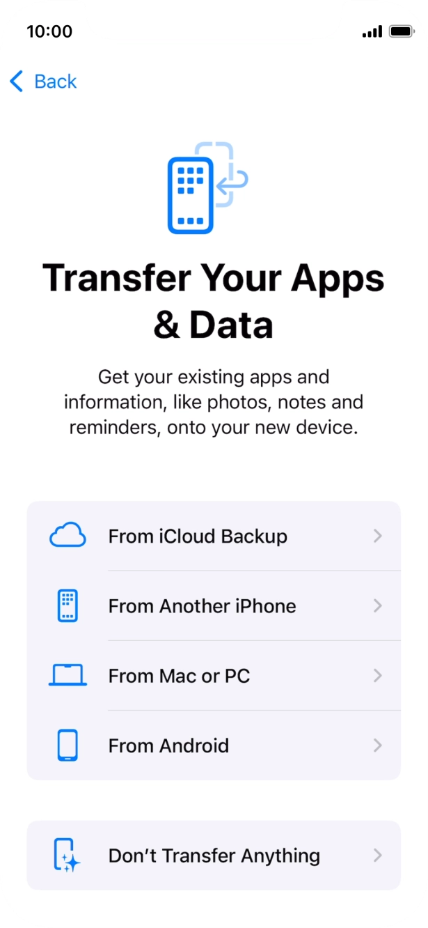 You can transfer content from an Android phone when your phone is activated for the first time and after a factory reset. When this screen is displayed, your phone is ready to transfer content from an Android phone.