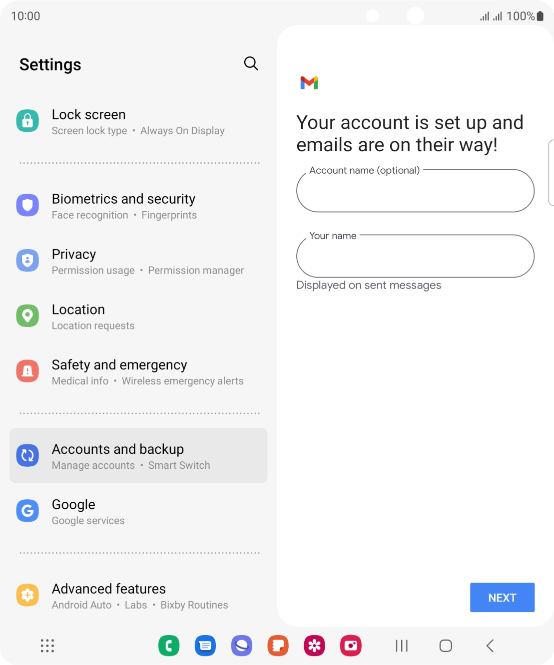 Press the field below 'Account name (optional)' and key in the required name. Press the field below 'Account name (optional)' and key in the required name.