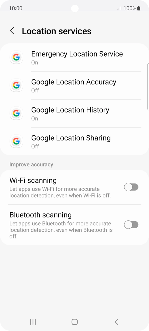 Press Google Location Accuracy. Press Google Location Accuracy.