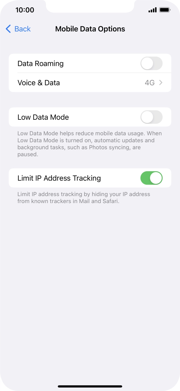 Press the indicator next to 'Data Roaming' to turn the function on or off.
