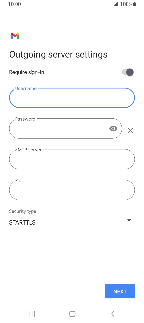 Press the field below 'Password' and key in the password of your email provider's outgoing server. Press the field below 'Password' and key in the password of your email provider's outgoing server.