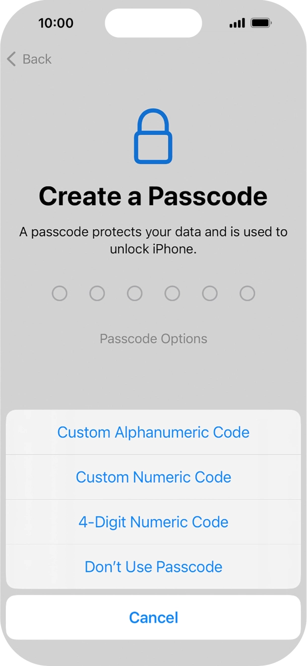 Follow the instructions on the screen to turn on the phone lock code or press Don't Use Passcode.