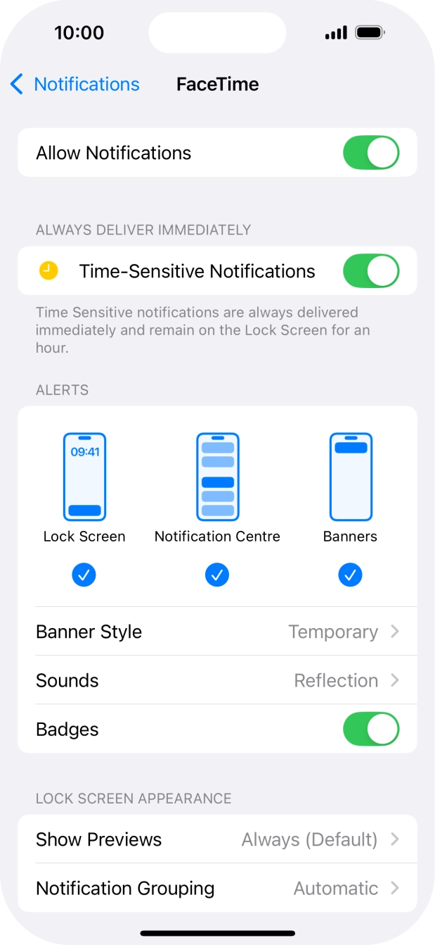 Press the indicator next to 'Allow Notifications' to turn notifications for the selected application on or off.