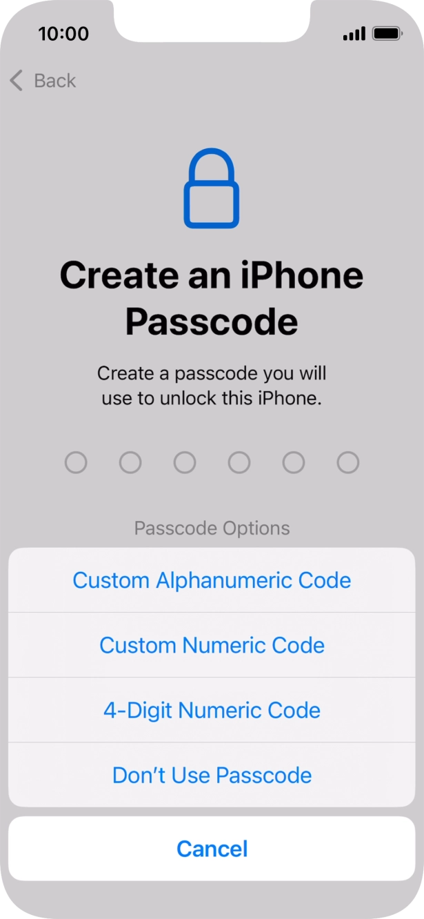 Follow the instructions on the screen to turn on the phone lock code or press Don't Use Passcode.
