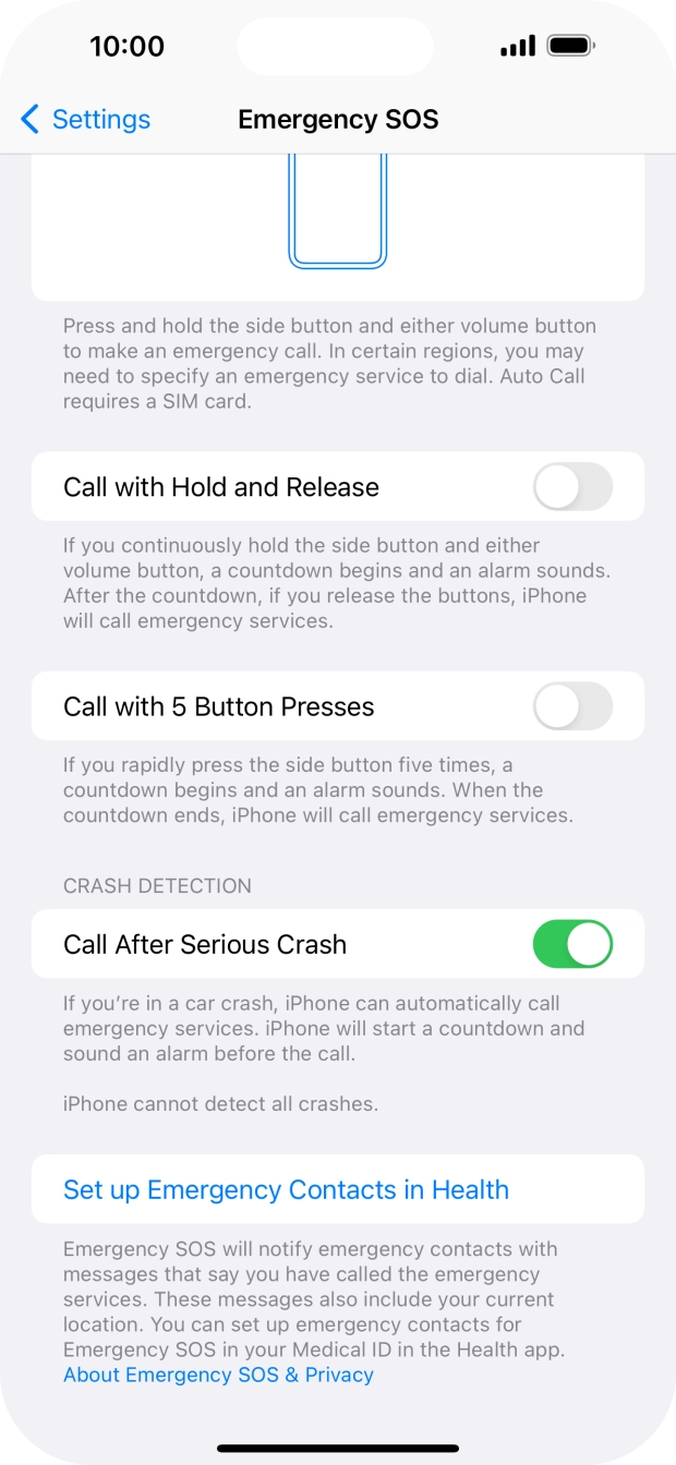 Press Set up Emergency Contacts in Health and follow the instructions on the screen to key in your emergency info and emergency contacts.