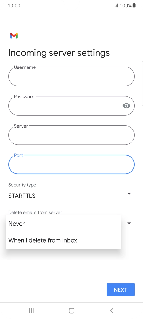 Press Never to keep emails on the server when you delete them on your phone. Press Never to keep emails on the server when you delete them on your phone.