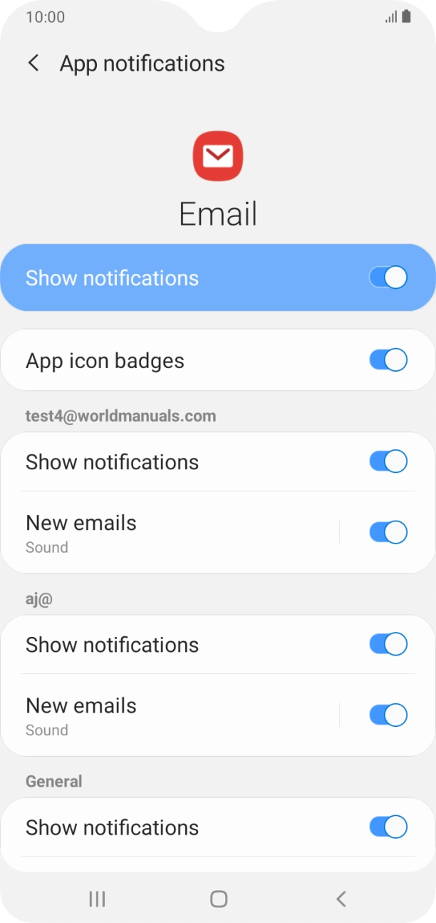 Press the indicator next to 'Show notifications' below the required email account to turn the function on or off. Press the indicator next to 'Show notifications' below the required email account to turn the function on or off.