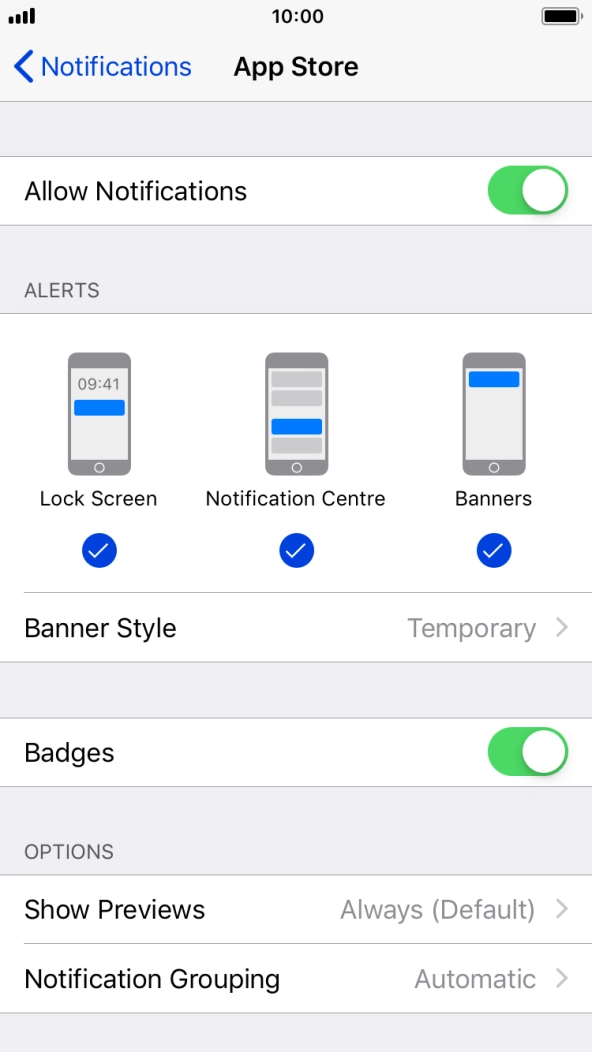 Press the indicator next to 'Allow Notifications' to turn notifications for the selected application on or off. Press the indicator next to 'Allow Notifications' to turn notifications for the selected application on or off.