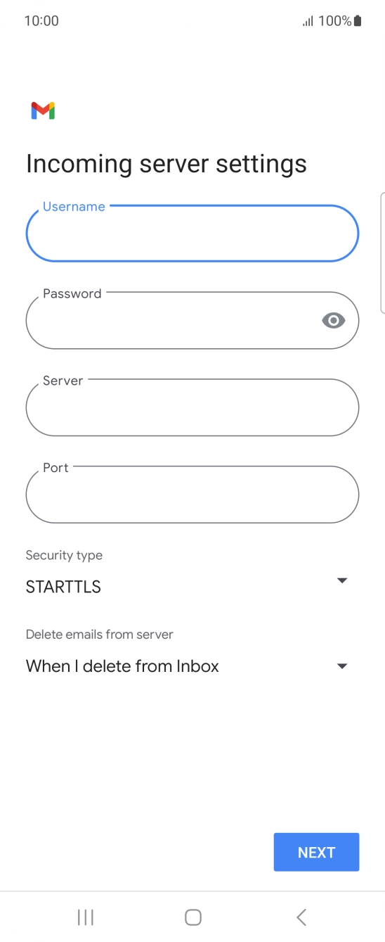 Press the field below 'Server' and key in the name of your email provider's incoming server. Press the field below 'Server' and key in the name of your email provider's incoming server.
