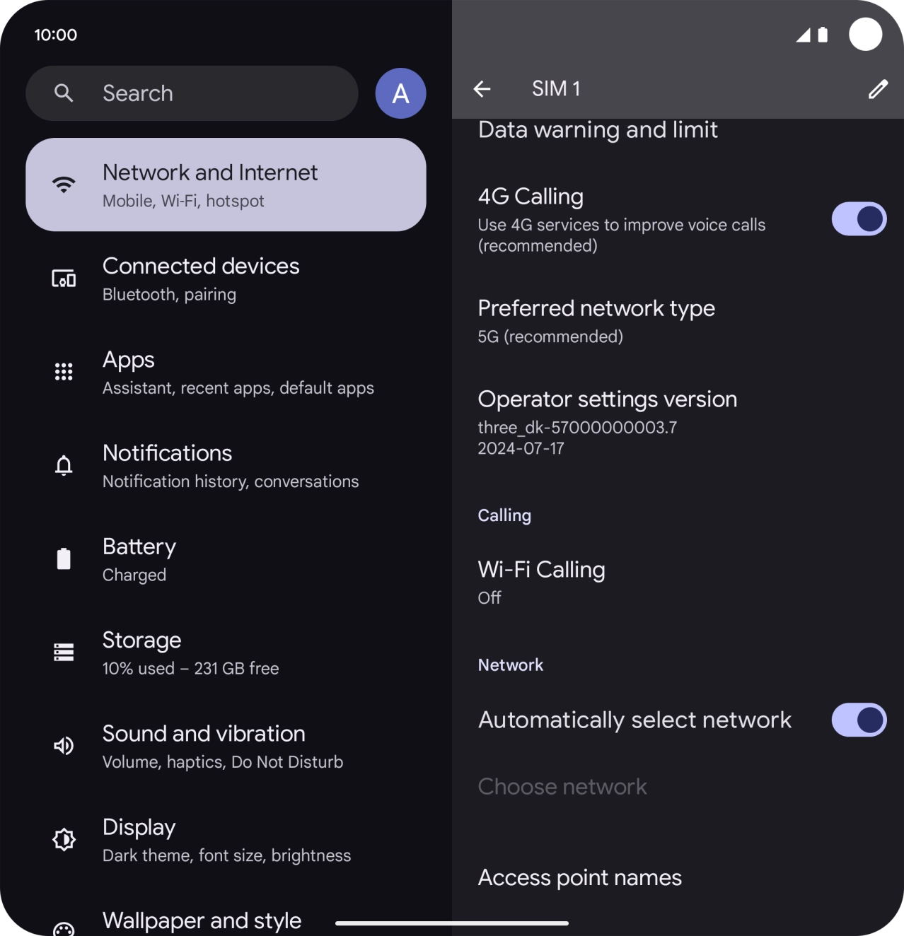 Press the indicator next to '4G Calling' to turn the function on or off.