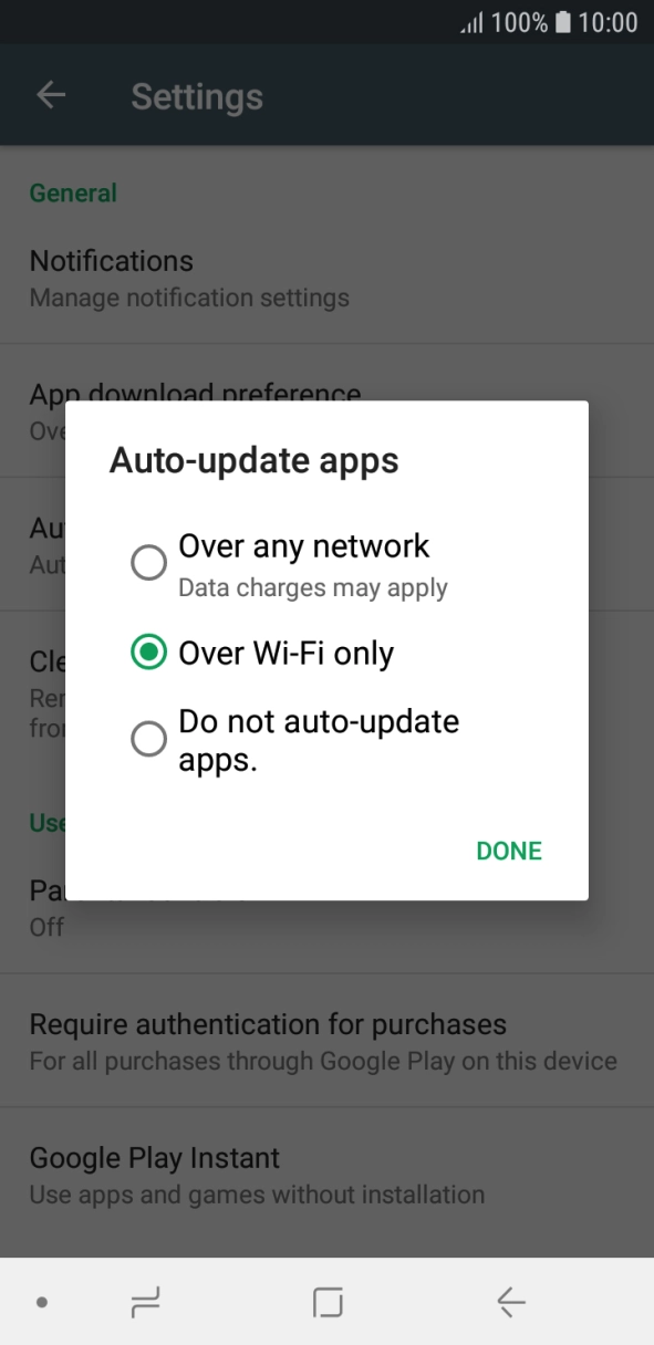 To turn on automatic update of apps using mobile network, press Over any network Data charges may apply. To turn on automatic update of apps using mobile network, press Over any network Data charges may apply.