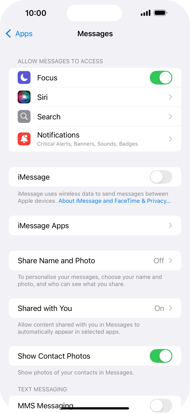 Press the indicator next to 'iMessage' to turn on the function.