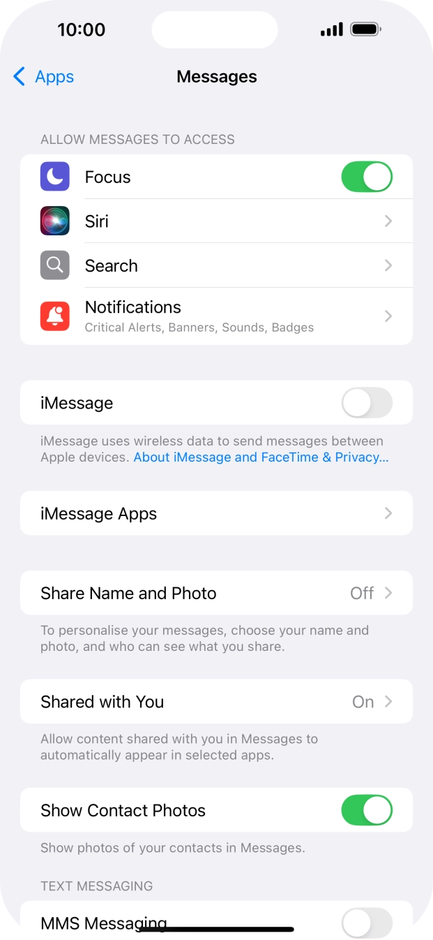 Press the indicator next to 'iMessage' to turn on the function.